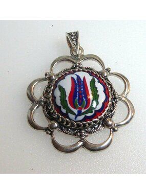 Vintage DGS Turkey 925 Sterling Silver Iznik Tile Tulip Porcelain Pendant
